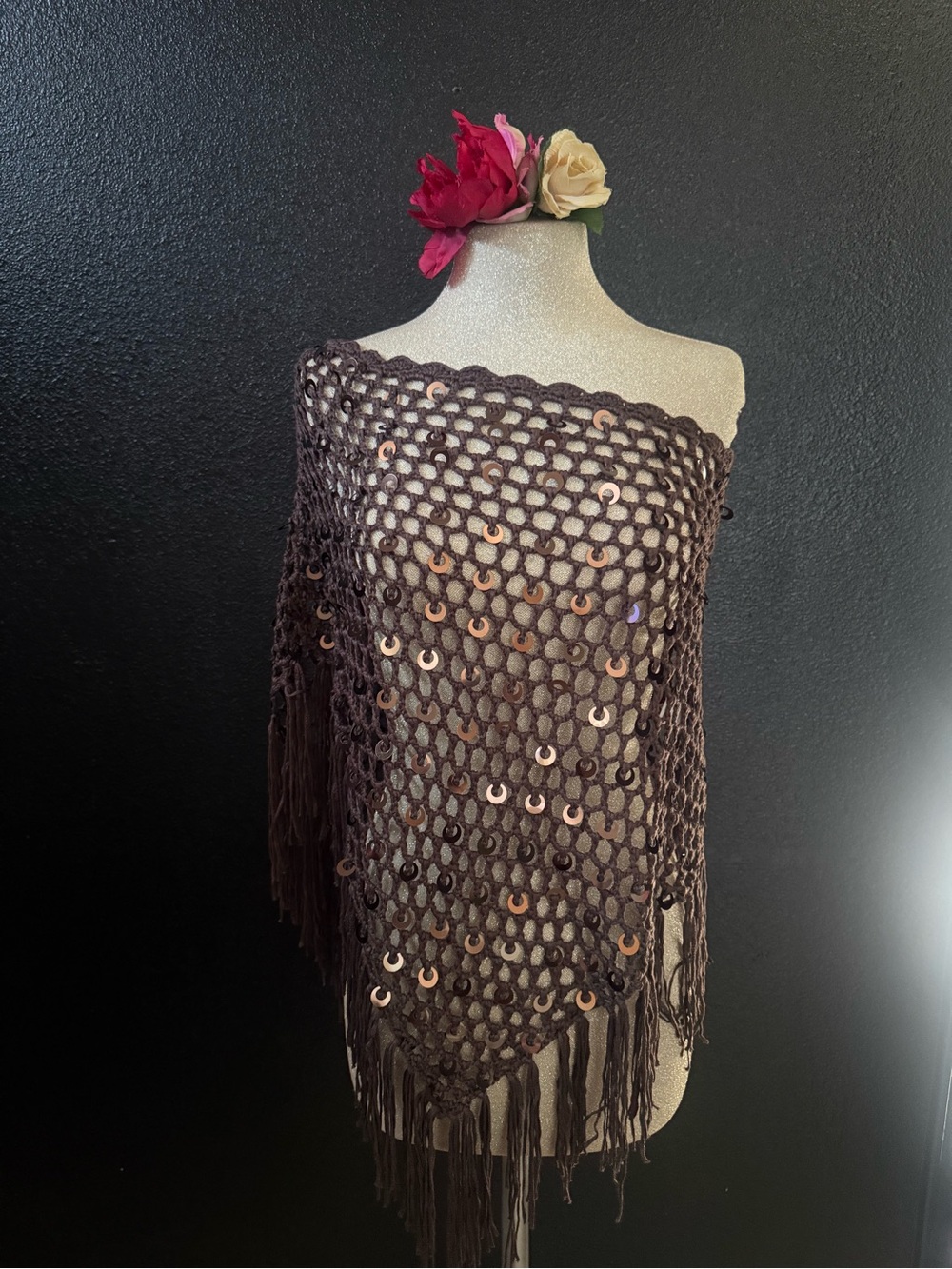 Brown Sequin Crochet Poncho - Women Accessories